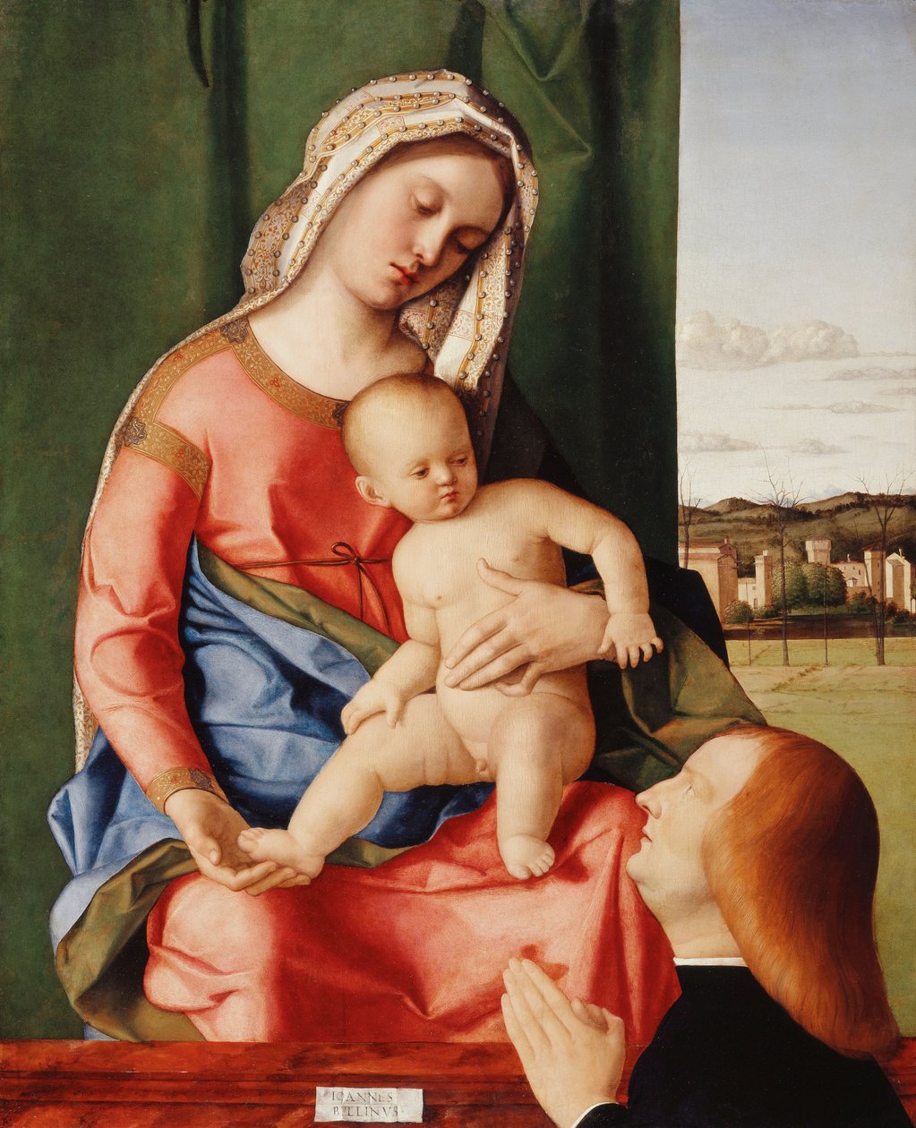 Madonna és gyermek egy férfi donorral, egy táj túl, alkotó: Giovanni Bellini