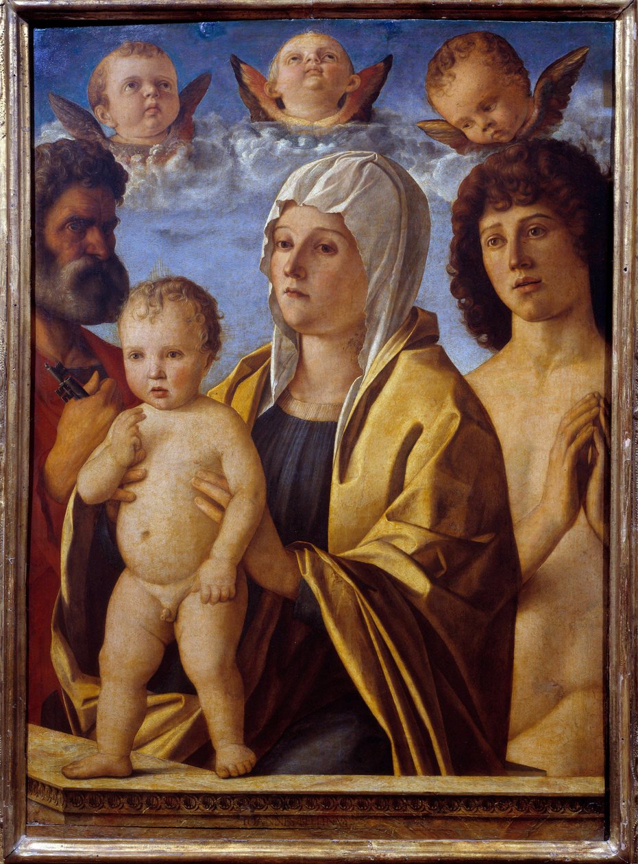 A Szűz és a Gyermek Jézus Szent Péter és Szent Sebestyén között Giovanni Bellini festménye dit il Giambellino (1430-1516) 16. század V. 0,82x0,58 m - A Szűz és a Gyermek Jézus Szent Péter és Szent Sebestyén között. Giovanni Bellini festménye G alkotó: Giovanni Bellini