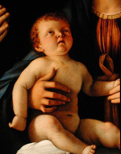 Szűz és gyermek Szent Katalin és Mária Magdolnával, 1500 körül (olaj, panel) (részlet) alkotó: Giovanni Bellini