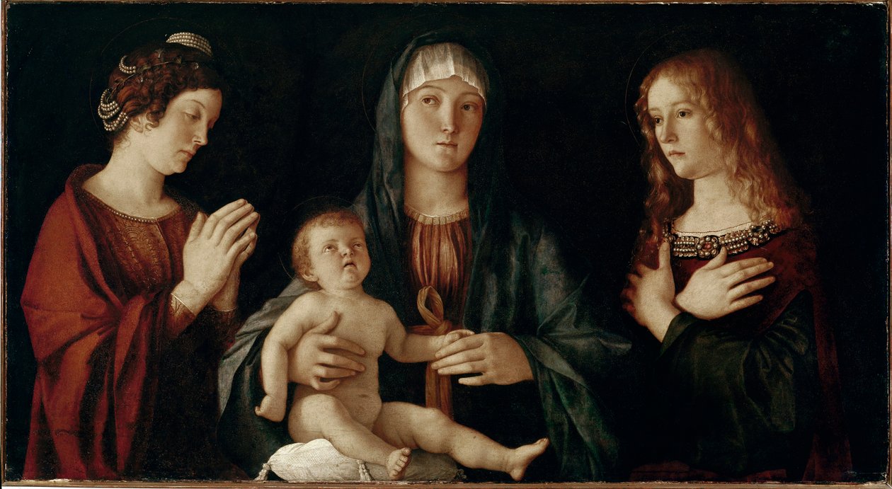 Szűzanya gyermekével Szent Katalinnal és Szent Mária Magdolnával (tempera a panelen alkotó: Giovanni Bellini