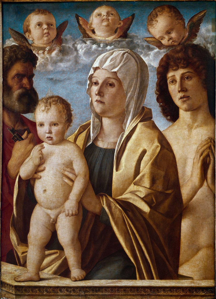 Szűz gyermekkel Szent Péterrel és Szent Sebestyénnel (tempera a panelen alkotó: Giovanni Bellini