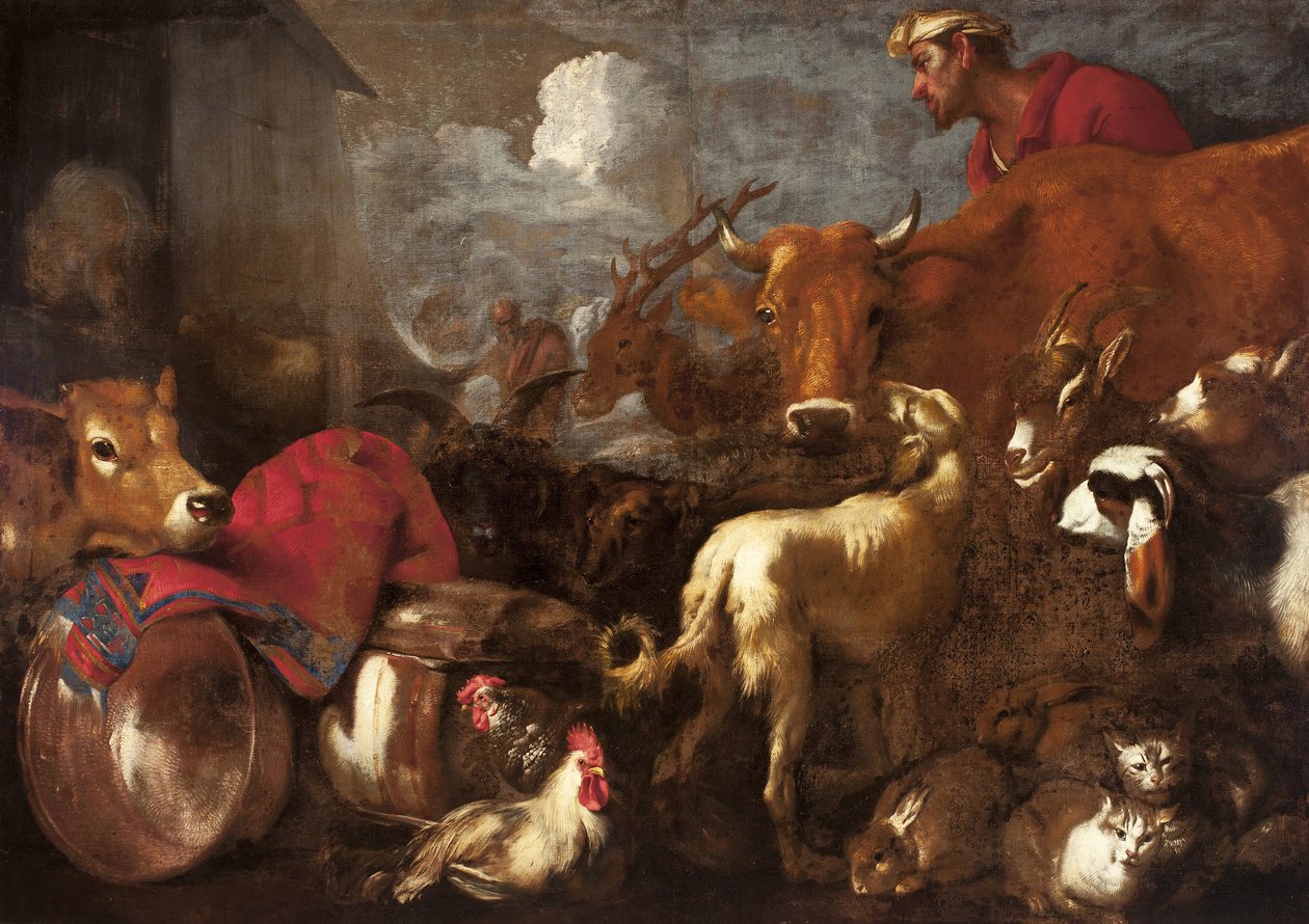 Az állatok Noé bárkájára – Castiglione, Giovanni Benedetto (1610-1665) az állatok Noé bárkájára szállnak. Olaj, vászon, mérete: 170x238 alkotó: Giovanni Benedetto Castiglione