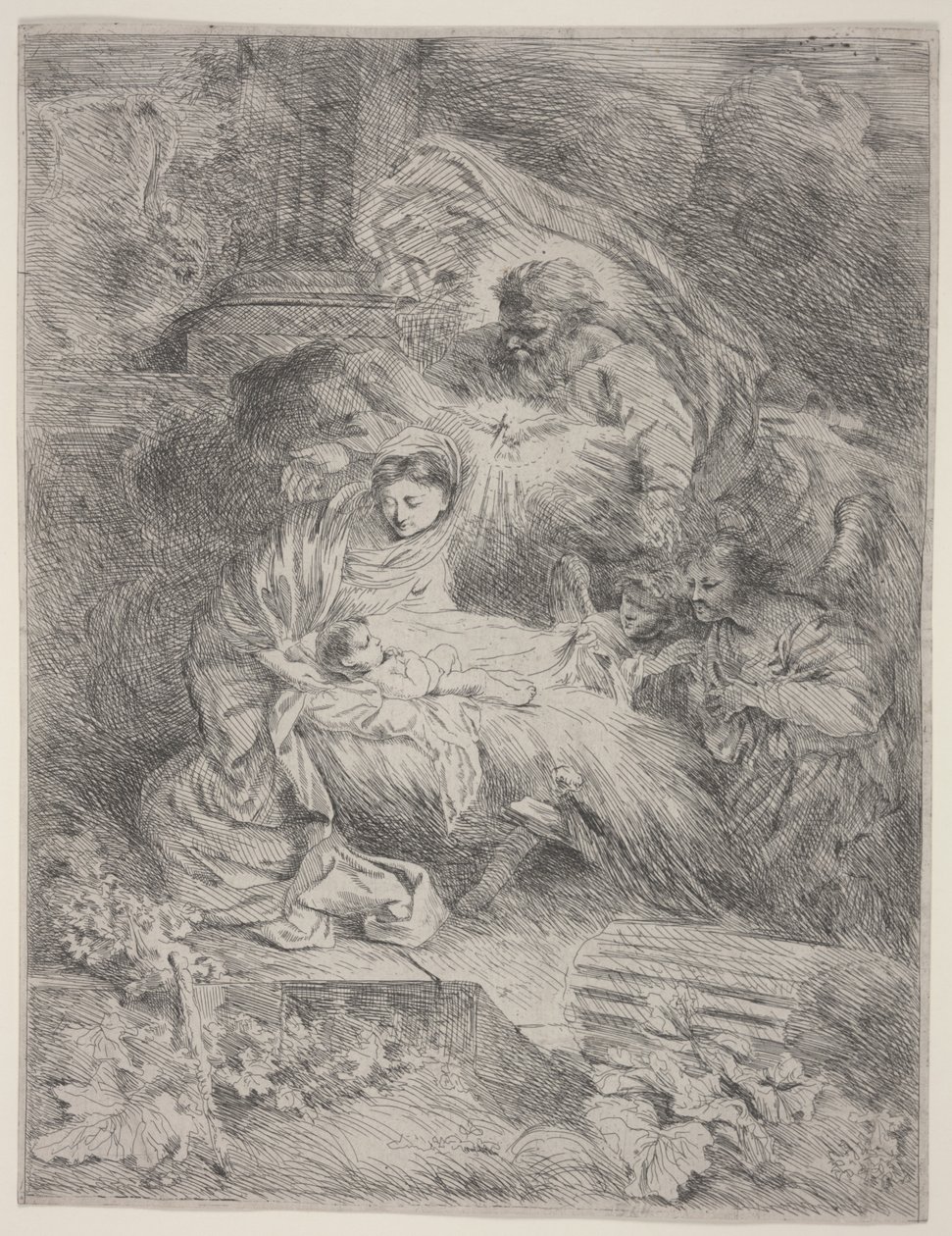 Születés az Atyaistennel, a Szentlélek galambjával és az angyalokkal, 1645 körül (rézkarc) alkotó: Giovanni Benedetto Castiglione
