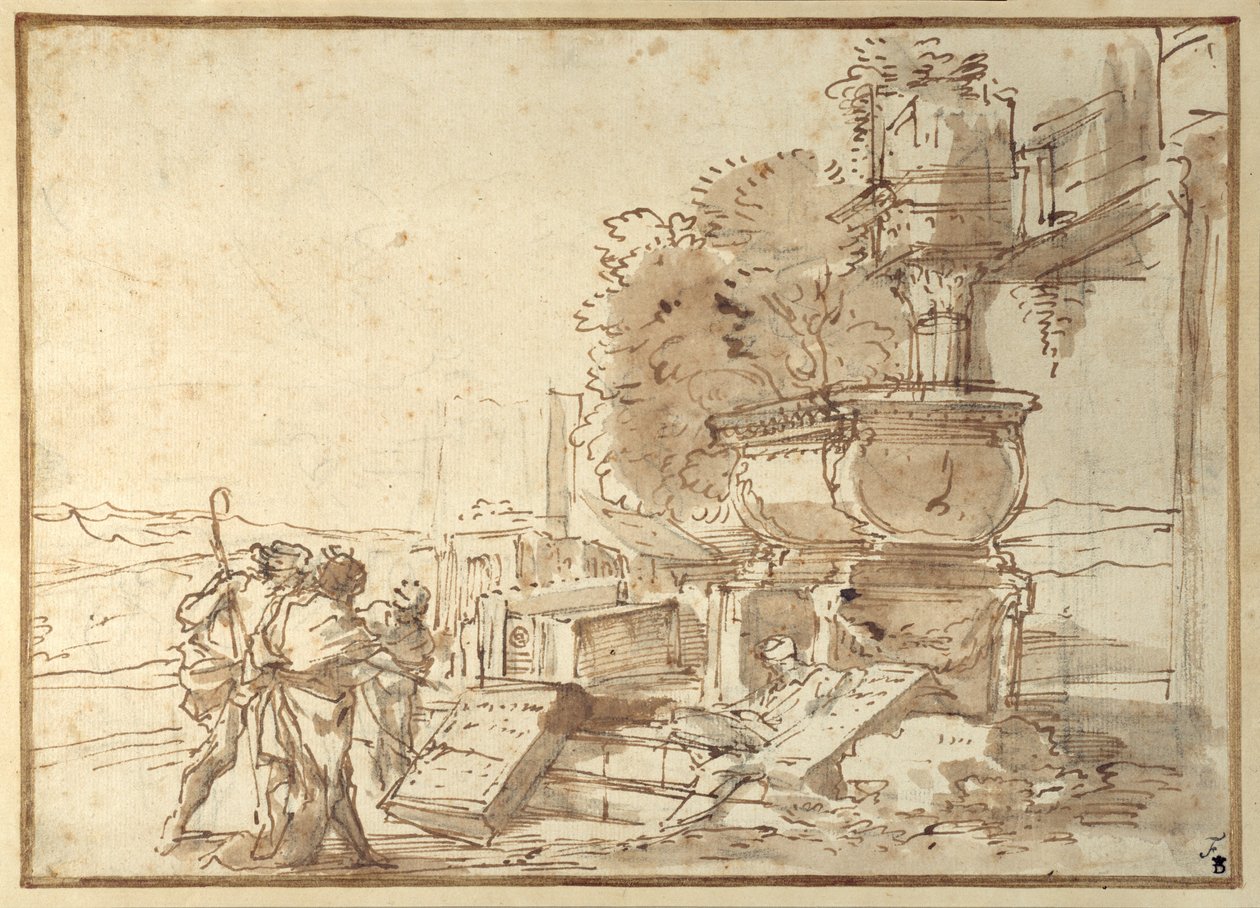 "Et in Arcadia Ego..." (toll és barna tinta, barna mosás, fekete krétával, papíron) alkotó: Giovanni Benedetto Castiglione