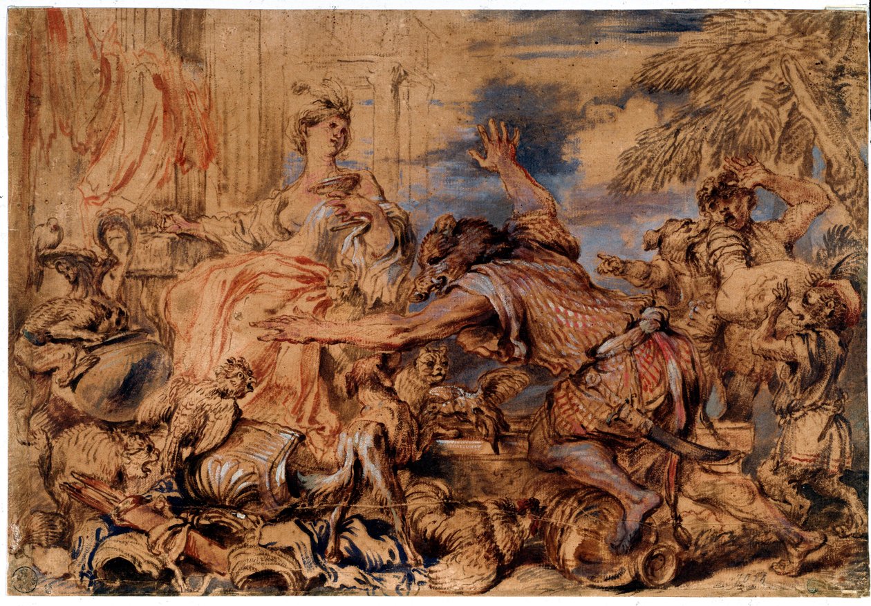 Homérosz Odüsszeája: a boszorkány Circe és Odüsszeusz (Ulysses) társai sertéssé változtak - Rajz alkotó: Giovanni Benedetto Castiglione