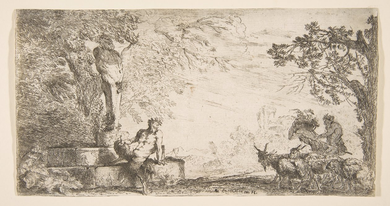 Priapus szobra tövében fekvő szatír, jobbra kecskék, kb. 1645-48. alkotó: Giovanni Benedetto Castiglione