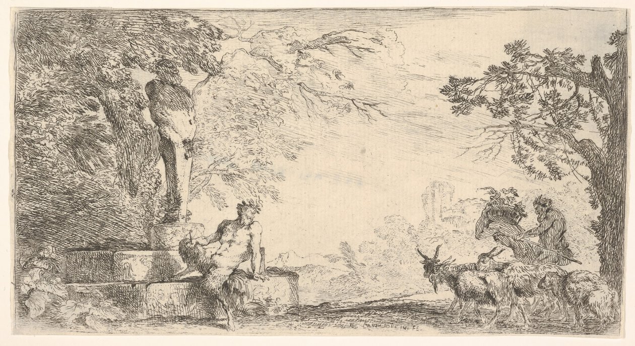 Priapus szobra tövében fekvő szatír, jobbra kecskék, kb. 1645-48. alkotó: Giovanni Benedetto Castiglione