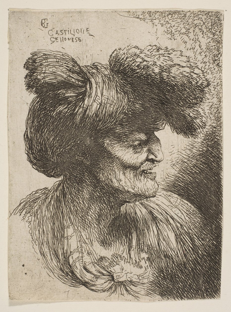 Szakálltalan idős férfi mellszobra jobbra nézve, a Kisfej... sorozatból, kb. 1645-1650. alkotó: Giovanni Benedetto Castiglione