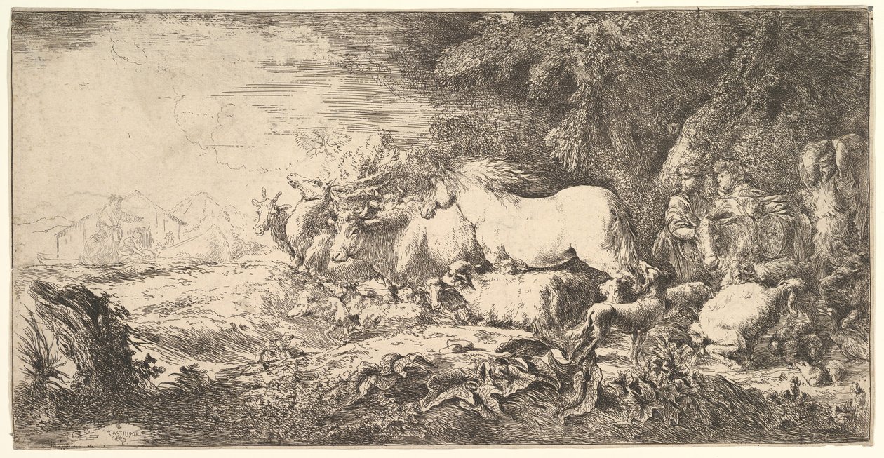 Az állatok bejutása a Noé bárkába, három férfi követi a négylábúakat és a madarakat stridin..., kb. 1650-55. alkotó: Giovanni Benedetto Castiglione