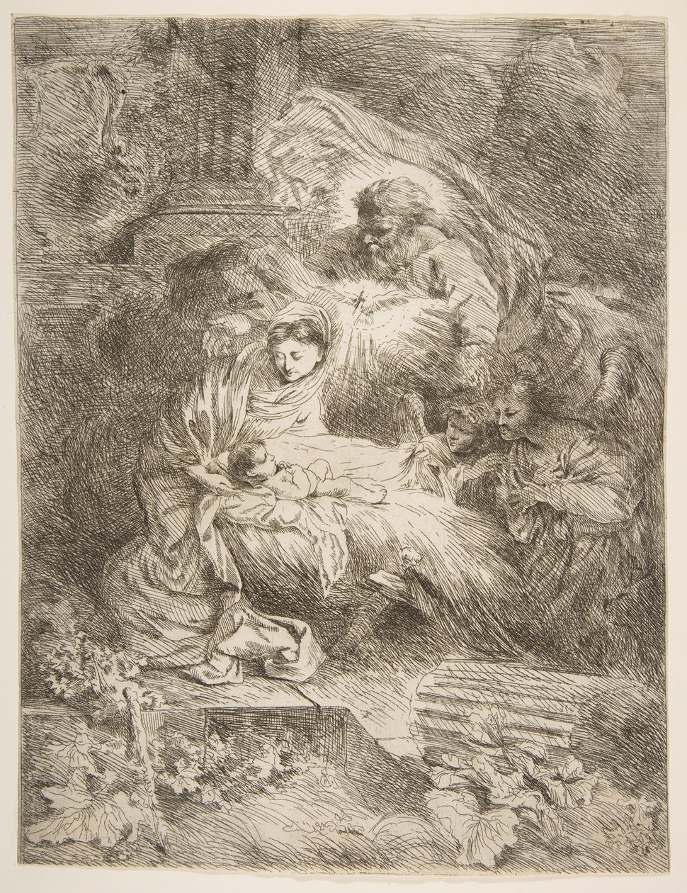 Az Atyaisten a Szűzet és a Gyermeket figyeli, jobbra angyalok, kb. 1645-47. alkotó: Giovanni Benedetto Castiglione