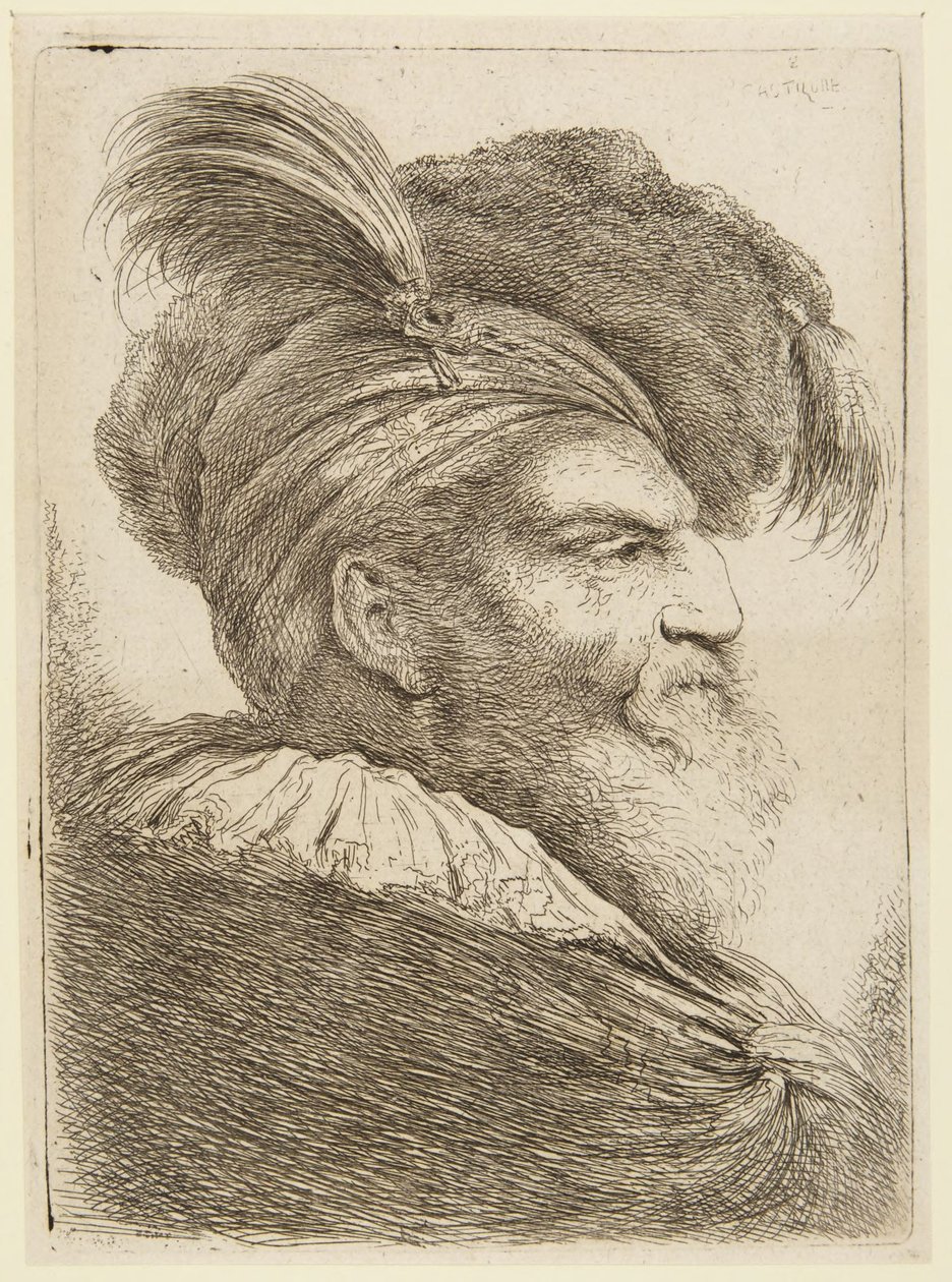 Tollas kalapot viselő szakállas férfi feje alkotó: Giovanni Benedetto Castiglione