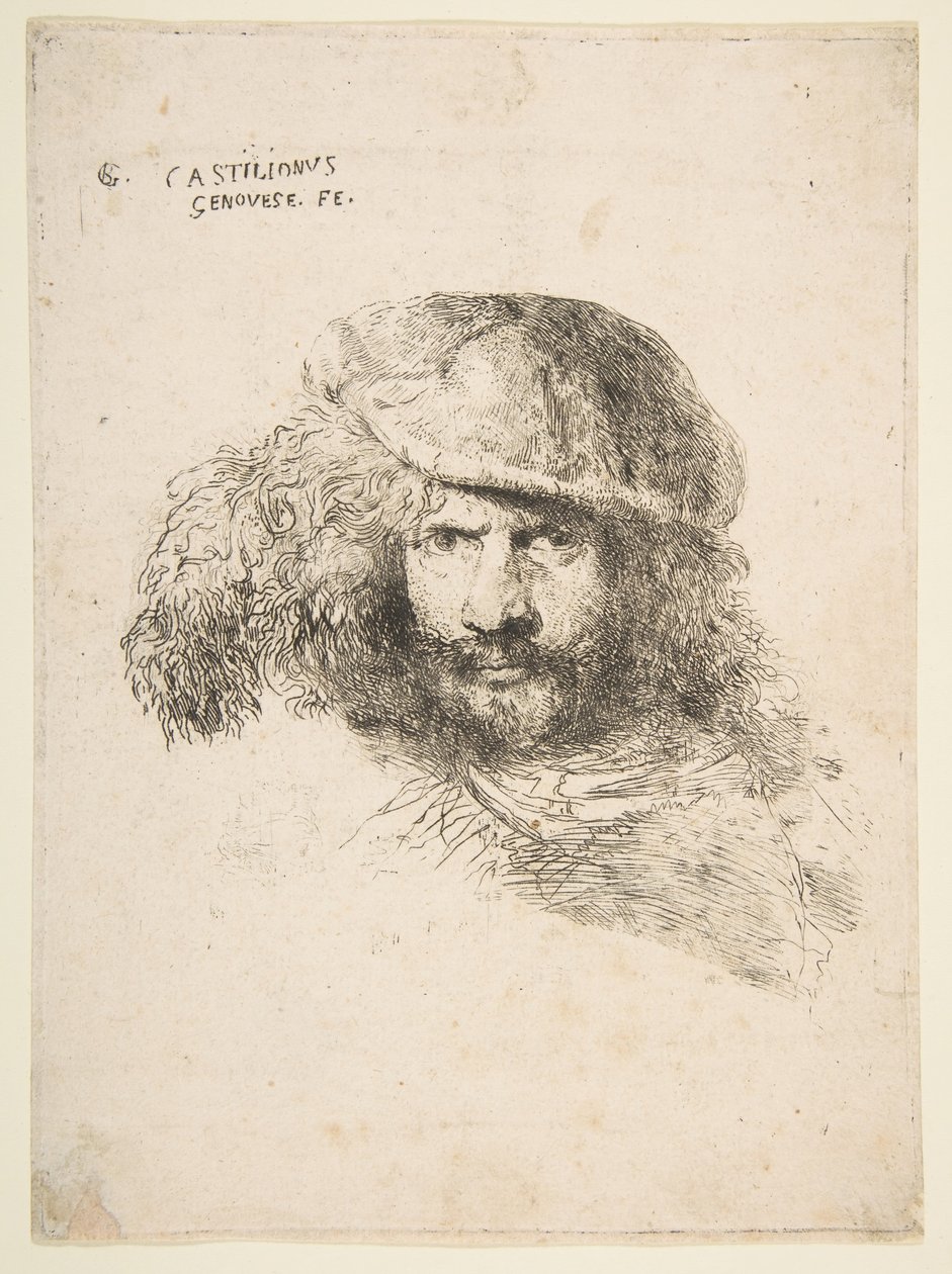 Egy tollas sapkát viselő férfi feje, esetleg Bernini, esetleg önarckép..., kb. 1645-1650. alkotó: Giovanni Benedetto Castiglione