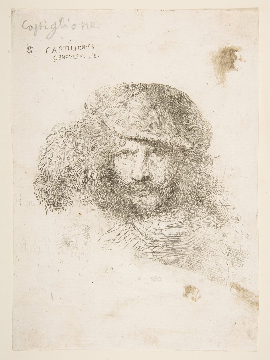 Egy tollas sapkát viselő férfi feje, esetleg Bernini, esetleg önarckép..., kb. 1645-1650. alkotó: Giovanni Benedetto Castiglione