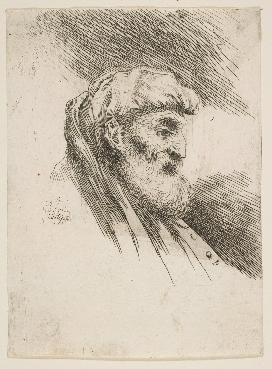 Egy öreg, szakállas férfi feje jobbra néz, a Kis fejek Keleten... sorozatból, kb. 1645-1650. alkotó: Giovanni Benedetto Castiglione