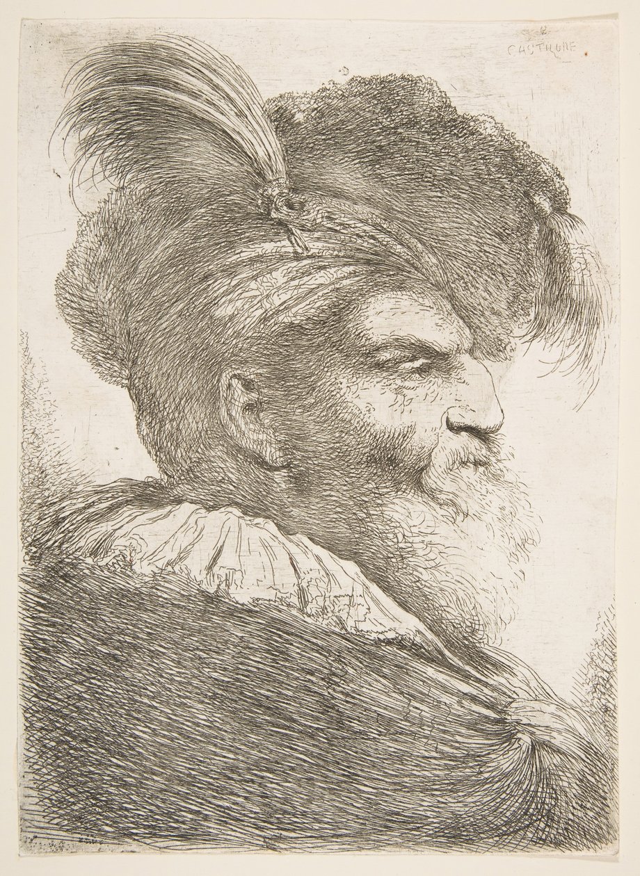 Egy öregember feje jobbra néz, a Nagy keleti fejek sorozatból, kb. 1645-1650. alkotó: Giovanni Benedetto Castiglione