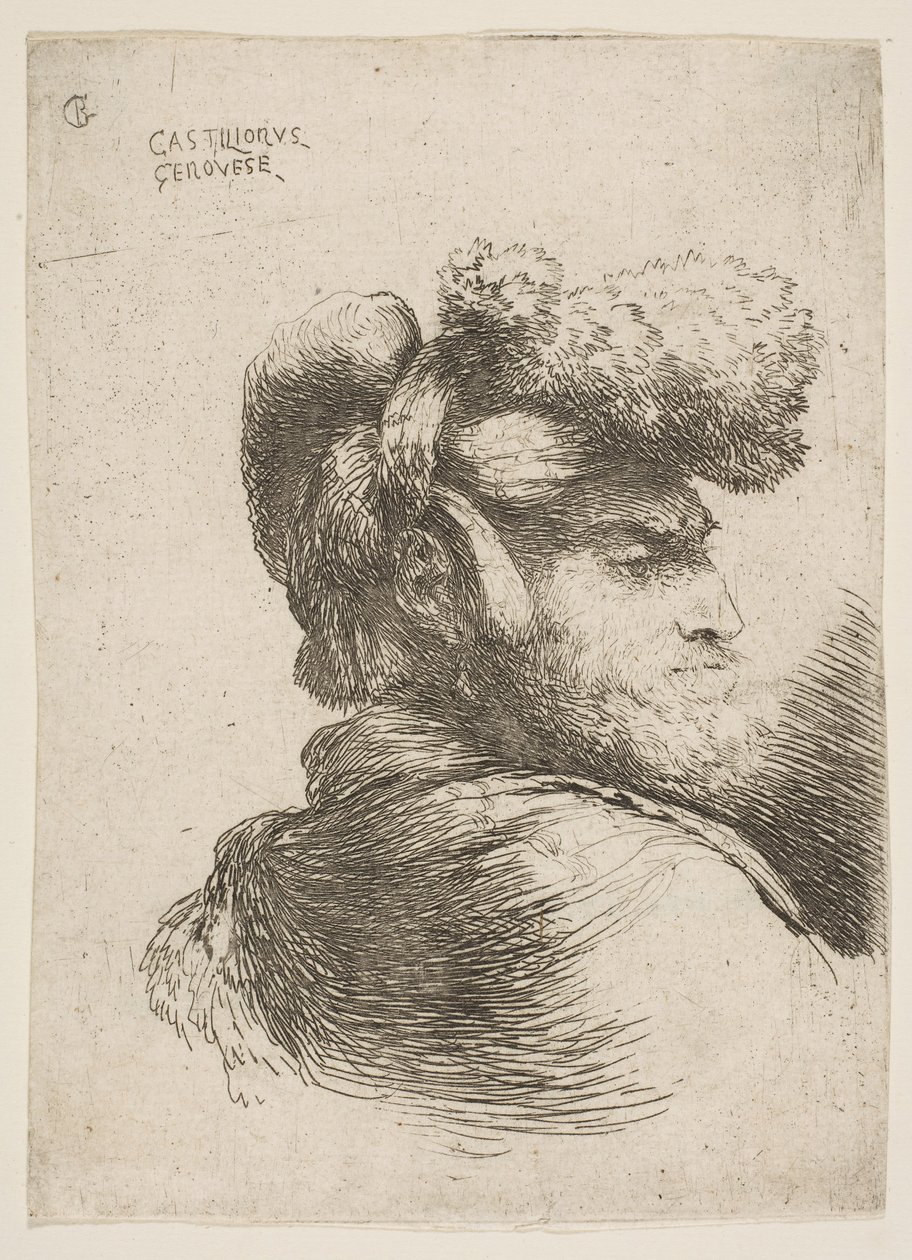 Férfi jobbra néz, prémes sapkát visel, a Kis fejek sorozatából, kb. 1645-1650. alkotó: Giovanni Benedetto Castiglione