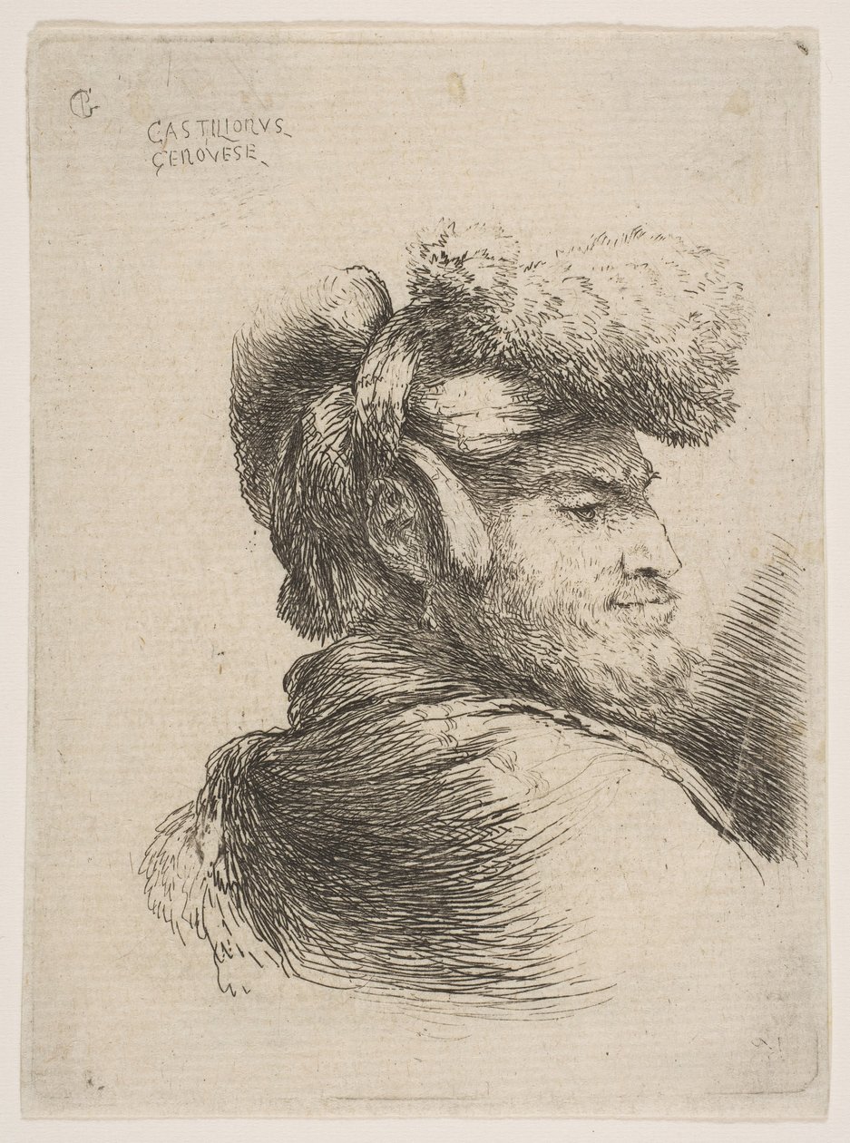 Férfi jobbra néz, prémes sapkát visel, a Small Heads in Orie... sorozatból, kb. 1645-50. alkotó: Giovanni Benedetto Castiglione