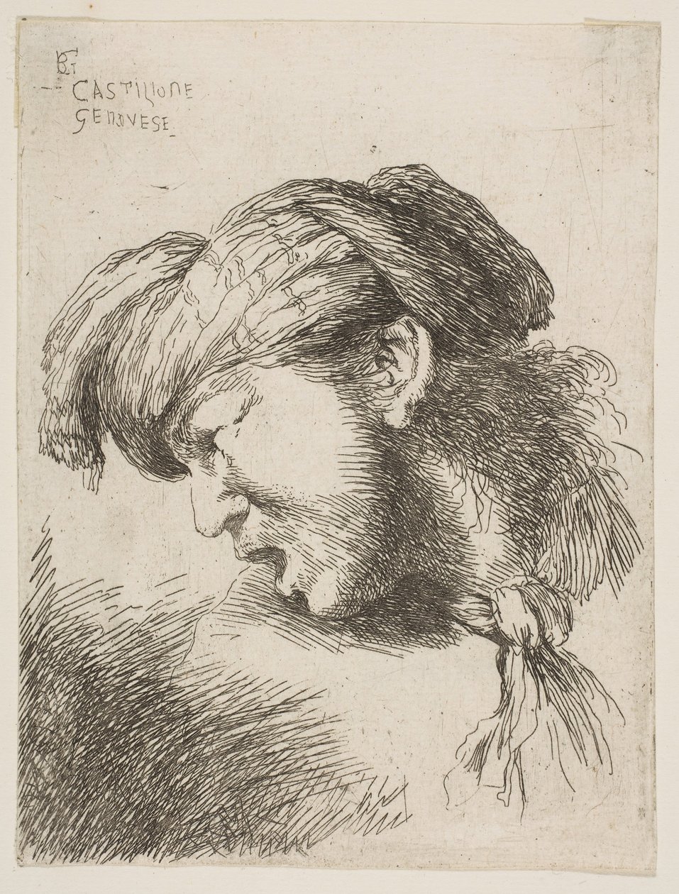 Turbánt viselő férfi, nyakban nyakkendővel, balra néz, a... sorozatból, 1645-1650. alkotó: Giovanni Benedetto Castiglione