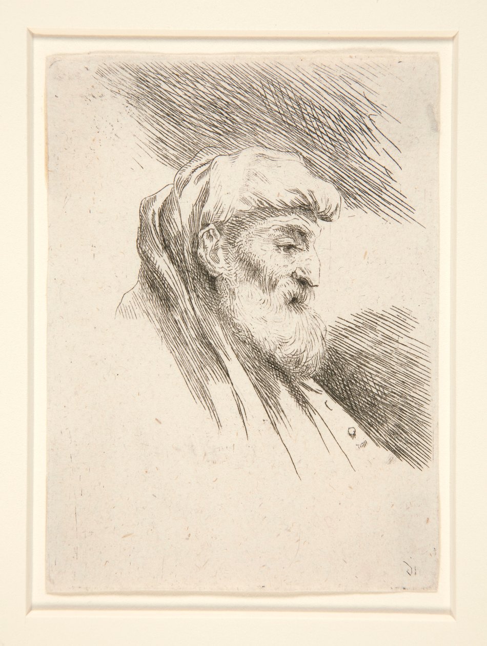 Hosszúszakállú öregember, profilban, jobbra fordulva, a Les petites tetes d. sorozatból alkotó: Giovanni Benedetto Castiglione