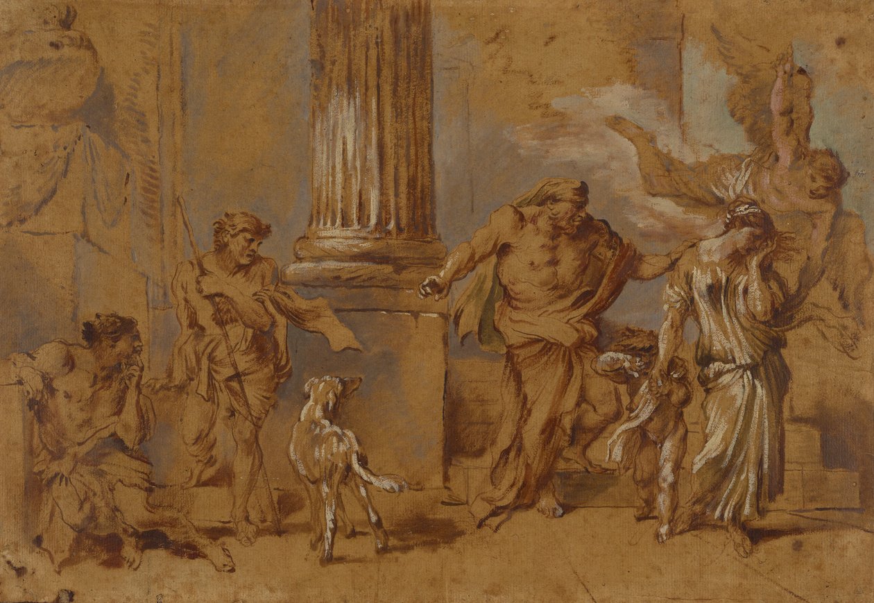 Hágár elűzése, 1640 körül (vörös-barna, kékeszöld és fehér olajfesték és ecset, barnás papírra) alkotó: Giovanni Benedetto Castiglione