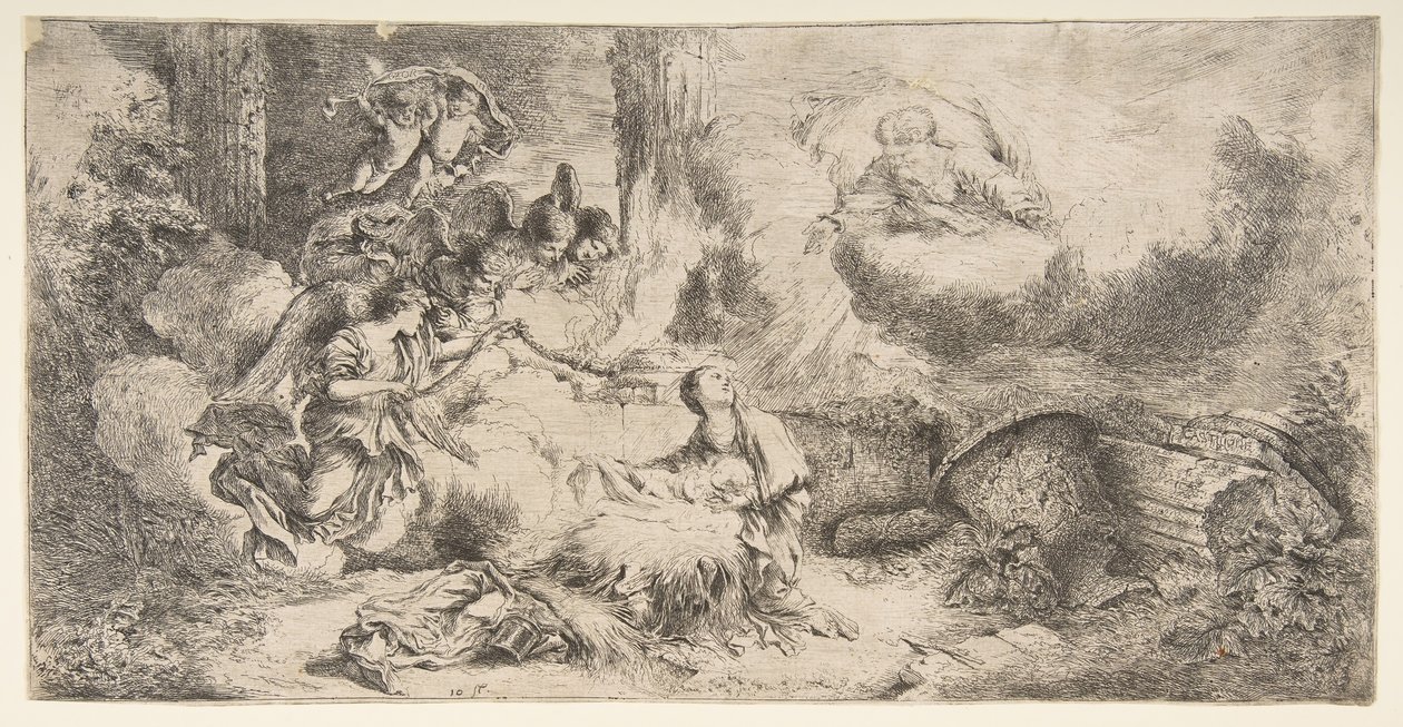 A Szűz és a Gyermek, az Atyaisten jobbra fent, az angyalok balra, kb. 1647-50. alkotó: Giovanni Benedetto Castiglione