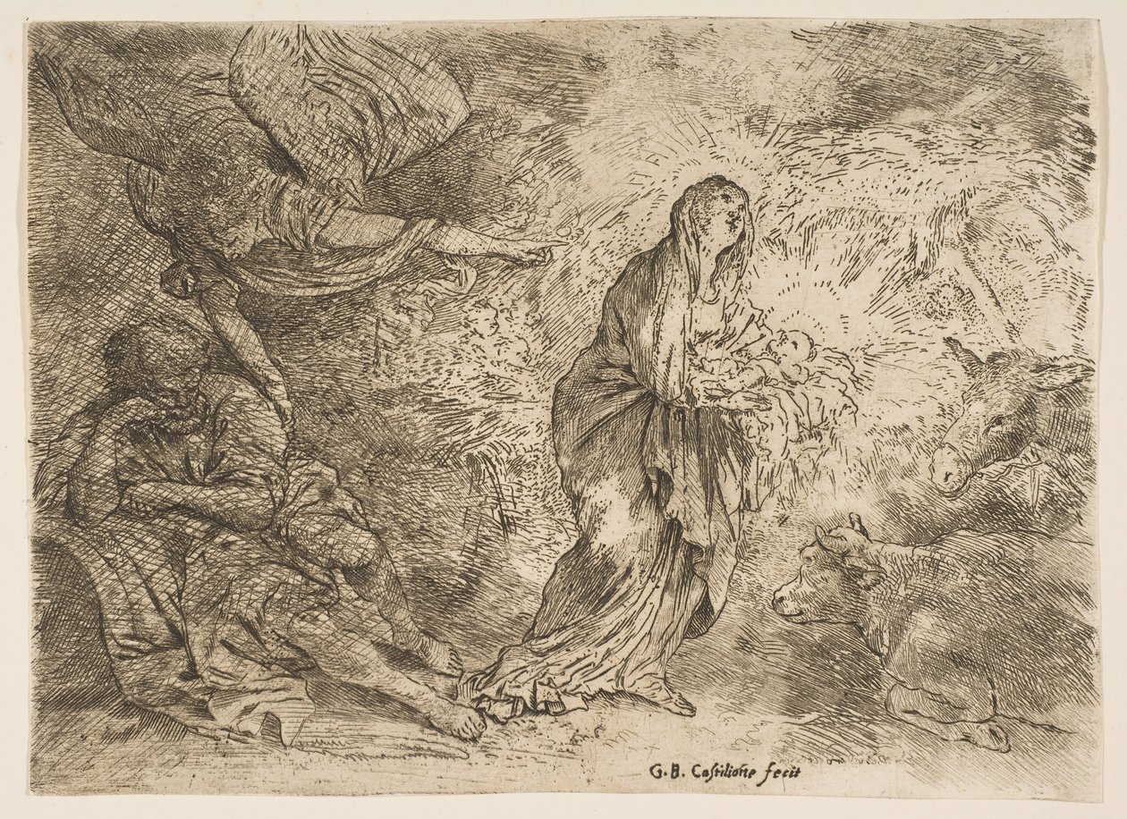 Az angyal, aki a Szűzanya és a Gyermek jelenlétére ébreszti Józsefet, kb. 1645-49. alkotó: Giovanni Benedetto Castiglione