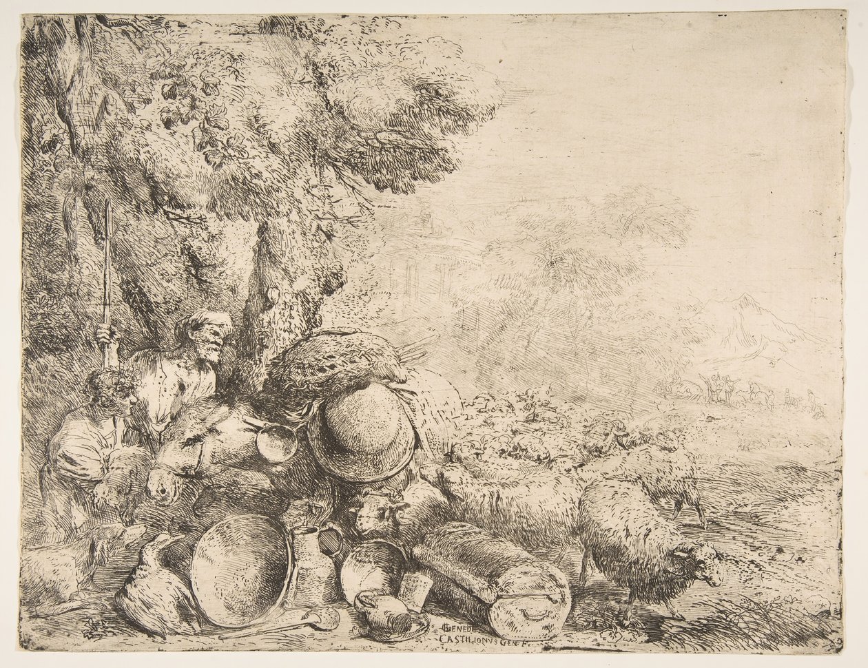 Két pásztor, egy szamár és más állatok egy tájban, kb. 1638-1640. alkotó: Giovanni Benedetto Castiglione