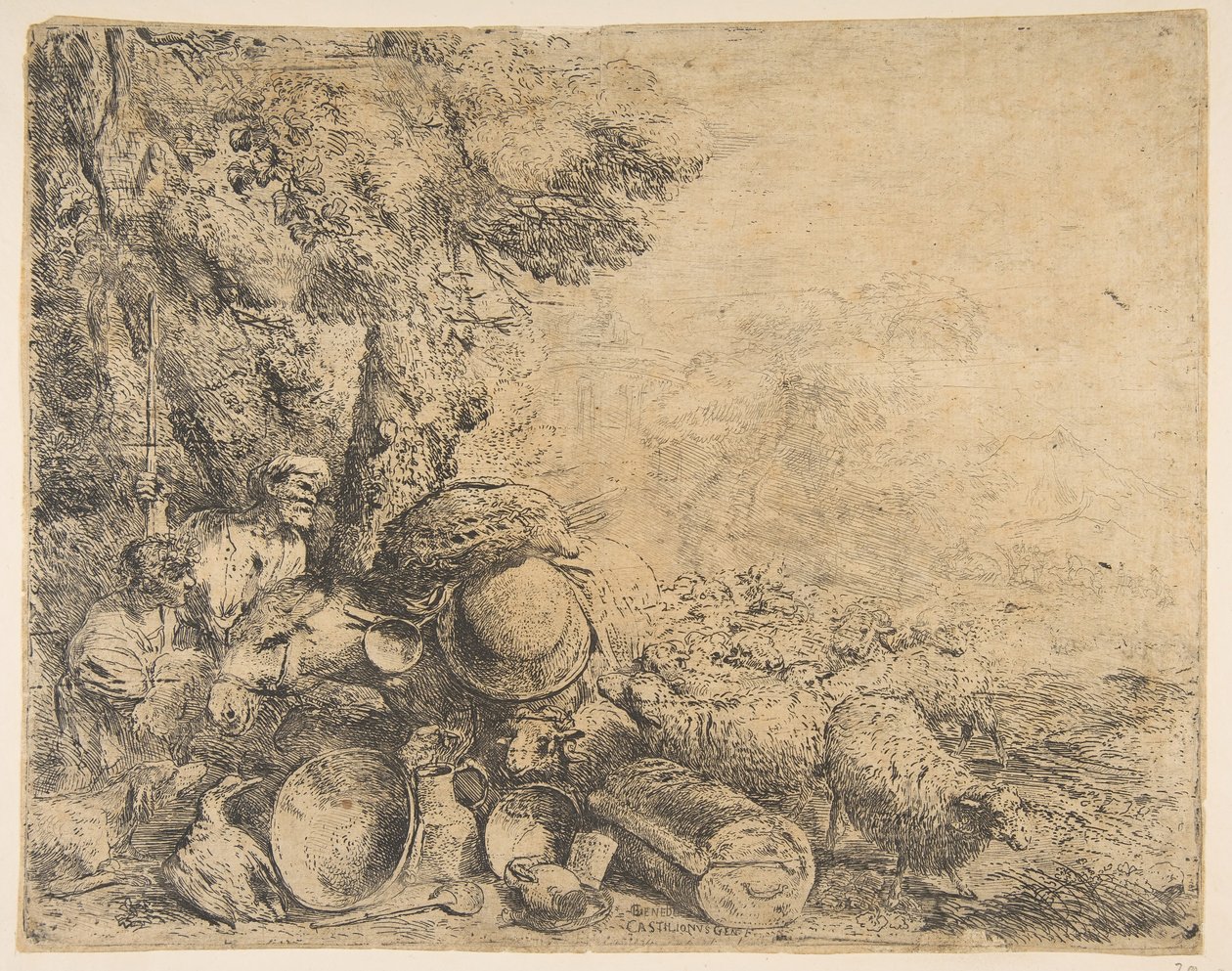Két pásztor, egy szamár és más állatok egy tájban, kb. 1638-1640. alkotó: Giovanni Benedetto Castiglione