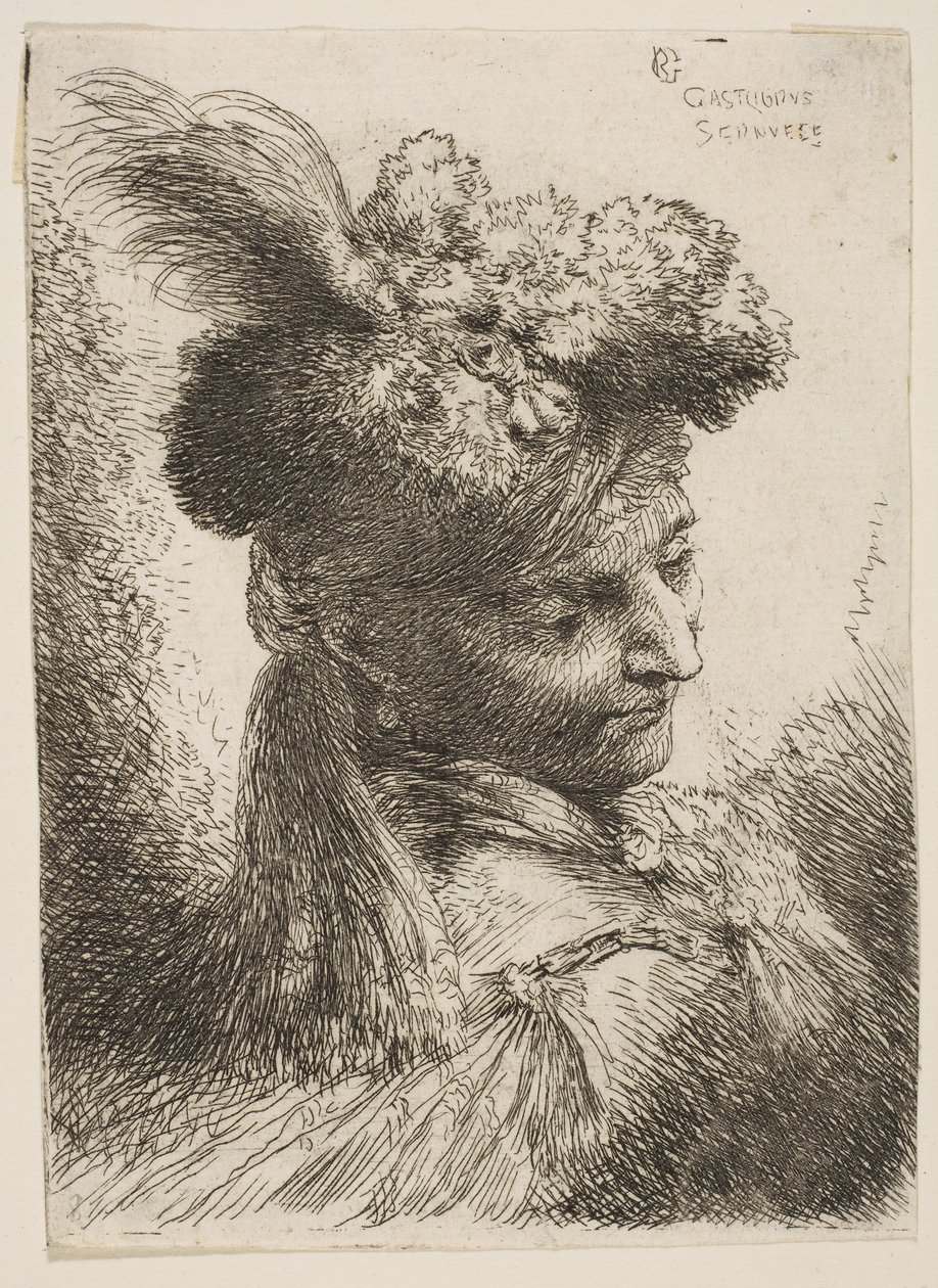 Háromnegyed jobbra néző fiatalember, prémes fejdíszt visel, tollal, ékszerrel ..., kb. 1645-1650. alkotó: Giovanni Benedetto Castiglione