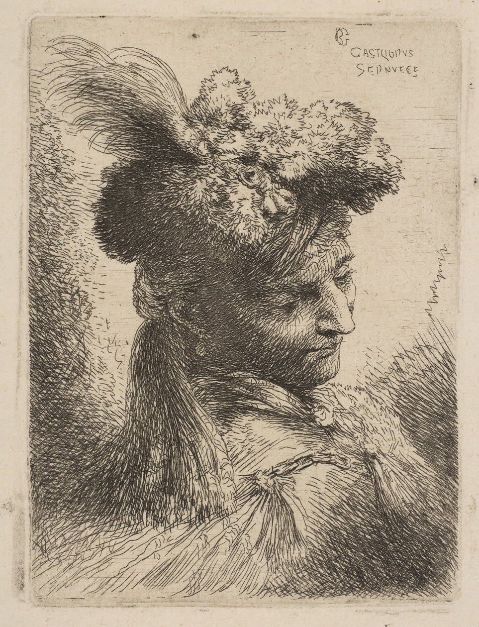 Háromnegyed jobbra néző fiatalember, prémes fejdíszben, ékszer..., kb. 1645-50. alkotó: Giovanni Benedetto Castiglione