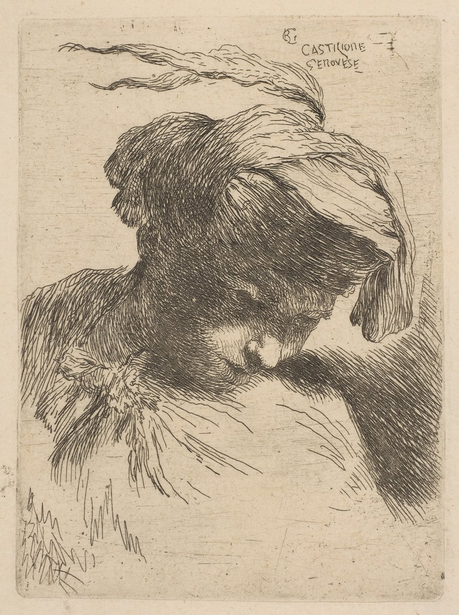 Fiatal férfi jobbra néz, a Kis fejek sorozatból az Oriental Headdr..., kb. 1645-50. alkotó: Giovanni Benedetto Castiglione