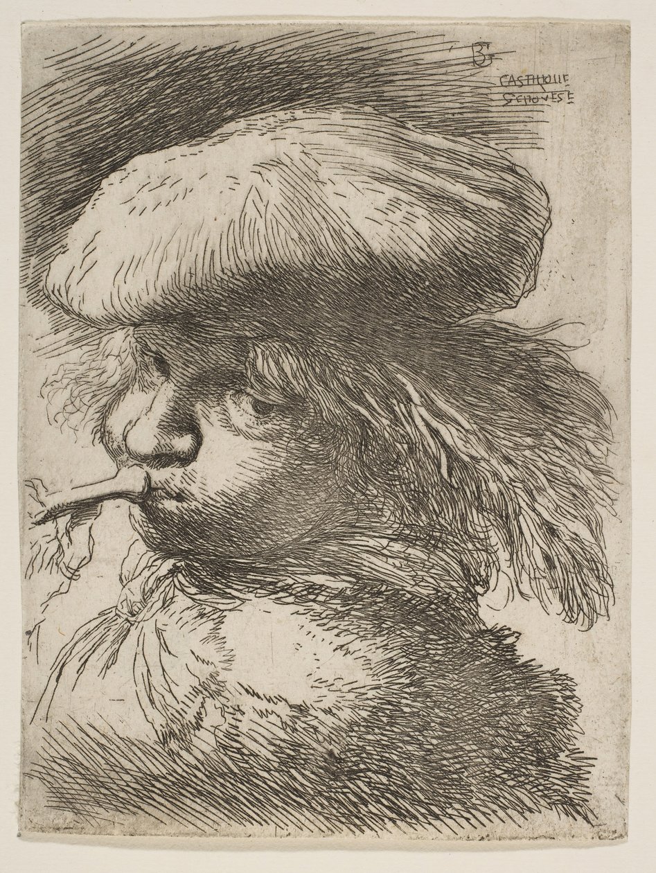Fiatal férfi trombitával balra, a Kis fejek keletiben sorozatból, kb. 1645-1650. alkotó: Giovanni Benedetto Castiglione