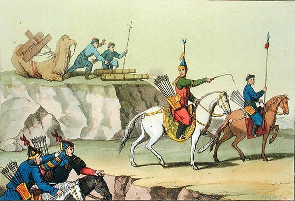 Egy csapat előrenyomuló katona, illusztráció Giulio Ferrario „Le Costume Ancien et Moderne” című művéből, az 1820-as és 30-as évek körül megjelent (színes litó) alkotó: Giovanni Bigatti