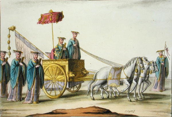 Egy antik dinasztia császára kocsijában, Jules Ferrario „Le Costume Ancien et Moderne” című művének 13. táblája, az 1820-as és 30-as évek körül (színes litó) alkotó: Giovanni Bigatti