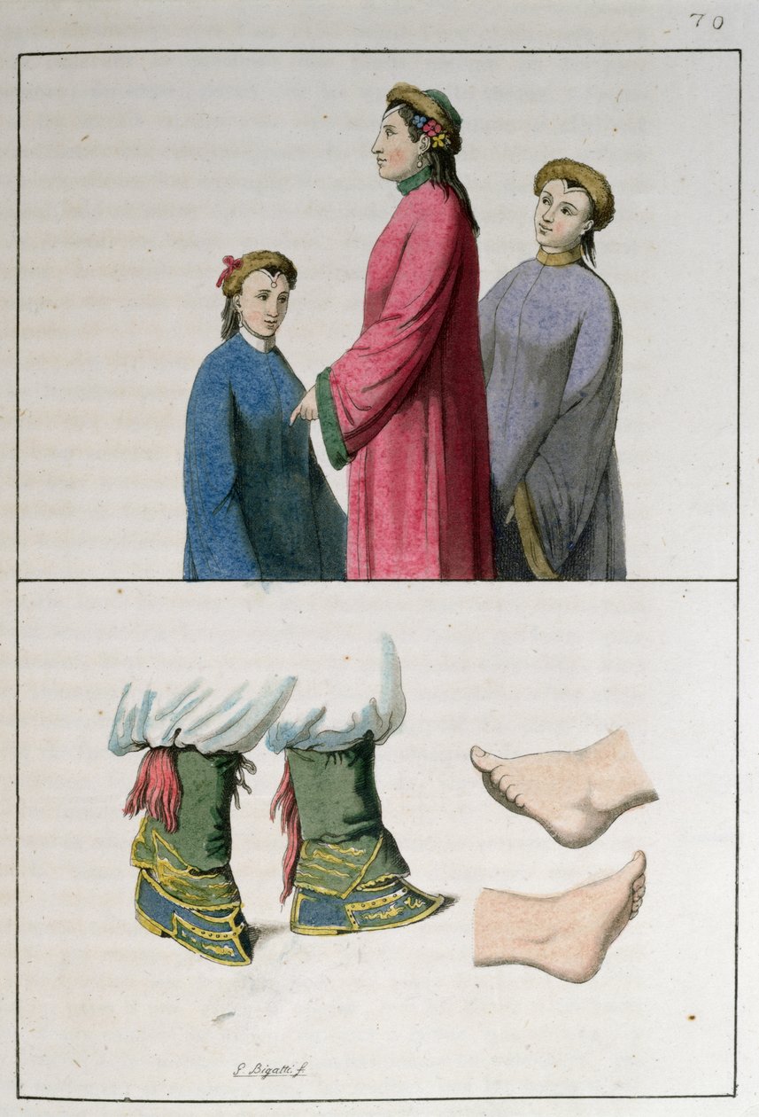 Kínai nők lábai, illusztráció Jules Ferrario „Le Costume Ancien et Moderne” című művéből, amely 1819-ben jelent meg Milánóban alkotó: Giovanni Bigatti