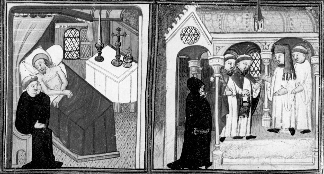 Dekameron,A haldokló Ciappelletto gyónása; a híveket áhítatra hívják. Első nap, 1. novella. alkotó: Giovanni Boccaccio