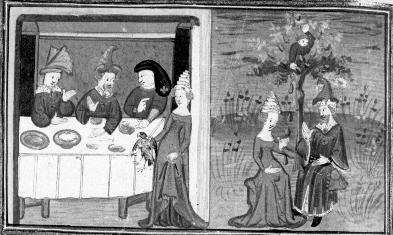 Dekameron,Lidia megöli férje verebet; a feleség beszélget a férjével a réten. Hetedik nap, 9. hír alkotó: Giovanni Boccaccio