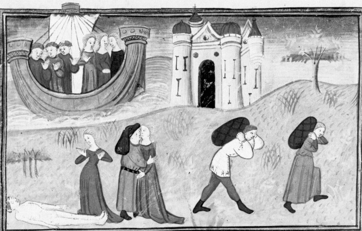 Dekameron,Három házaspár utazik Krétára; a három házaspár kalandjai. Negyedik nap, novella 3 alkotó: Giovanni Boccaccio