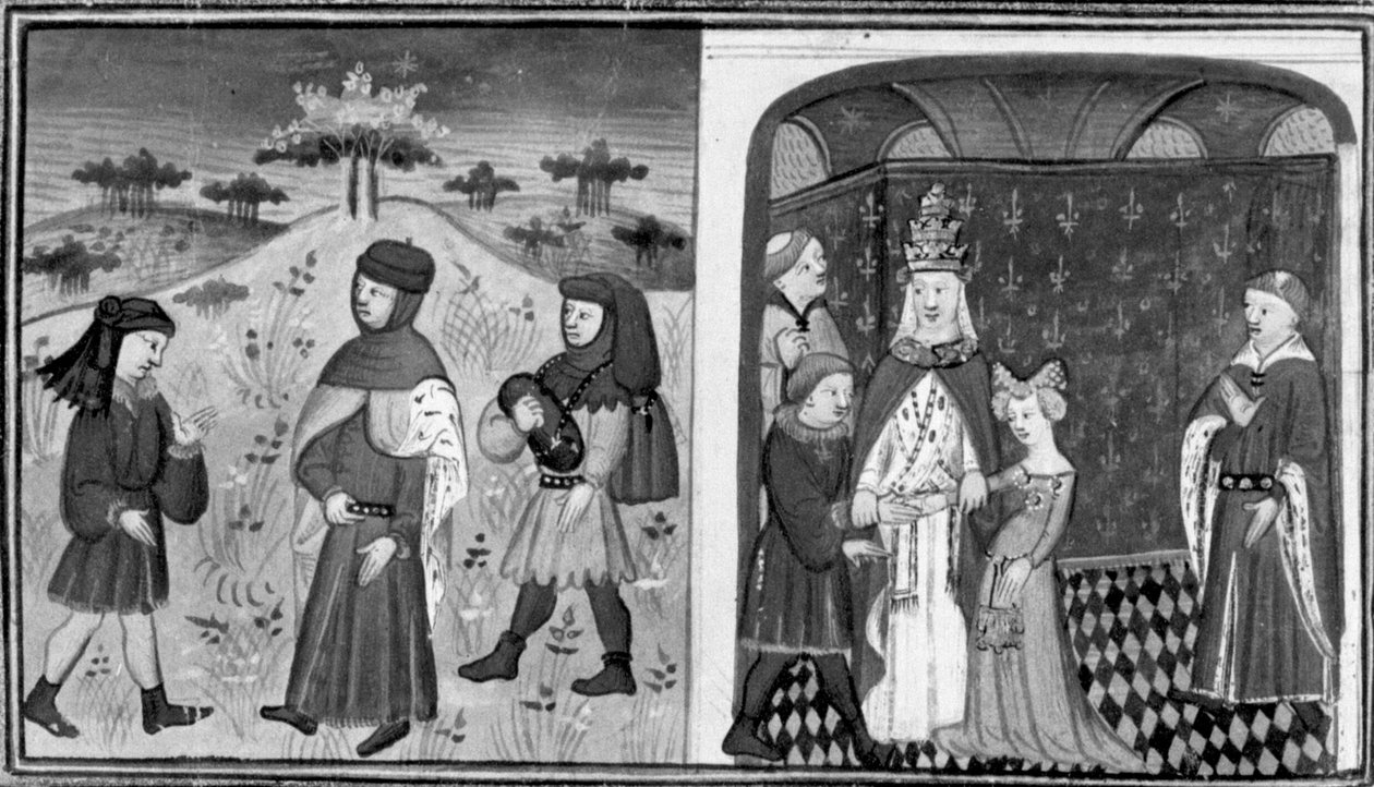 Dekameron, Sándor találkozik egy fiatal apáttal; a pápa feleségül adja Sándort az angol hercegnőhöz. Második nap, 3. novella alkotó: Giovanni Boccaccio