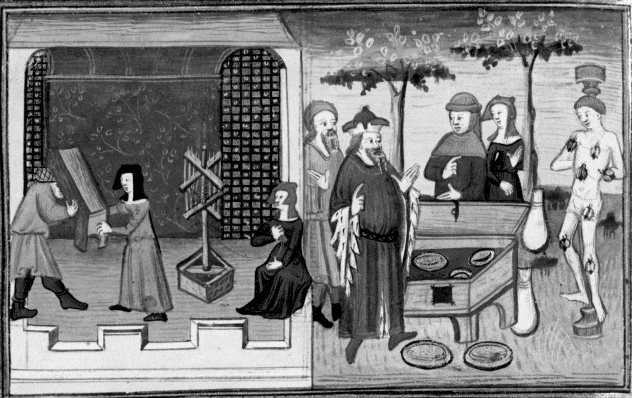 A Dekameronban Ambrogiuolót egy ládában Bernabò házába viszik; Ambrogiuolót megtorolják csalásáért. Második nap, 9. novella alkotó: Giovanni Boccaccio