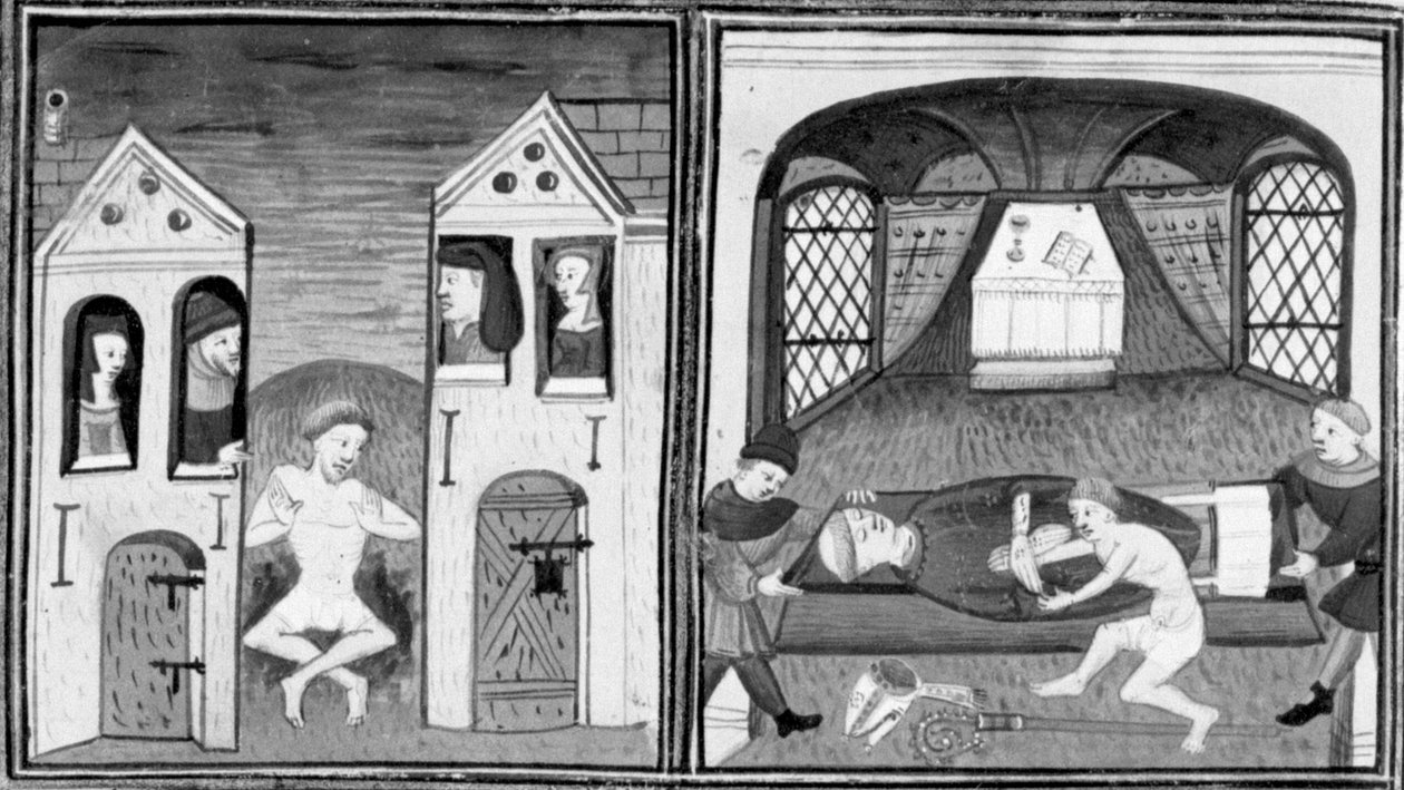 Dekameron, Andreuccio beleesik a latrinába; Andreuccio segít kifosztani a püspök sírját. Második nap, 5. novella alkotó: Giovanni Boccaccio