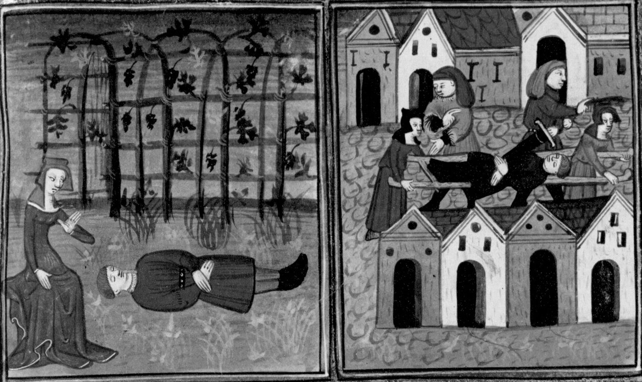 Dekameron,
Andreuola holtan találja Gabriote-t; a podestà letartóztatja Andreuolát. Negyedik nap, 6. hír alkotó: Giovanni Boccaccio