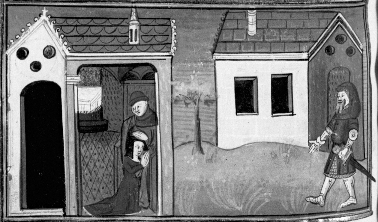 Dekameron, Arimino meghallgatja felesége vallomását; a férfi a ház ajtajában őrködik. Hetedik nap, 5. novella alkotó: Giovanni Boccaccio