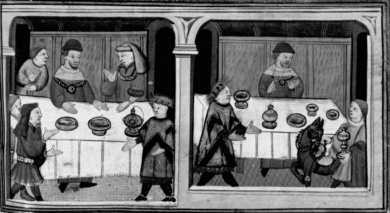 Dekameron, Bergamint meghívják Cangrande della Scala asztalához; Bergamin pazar ajándékokat kap. Első nap, új 7. alkotó: Giovanni Boccaccio