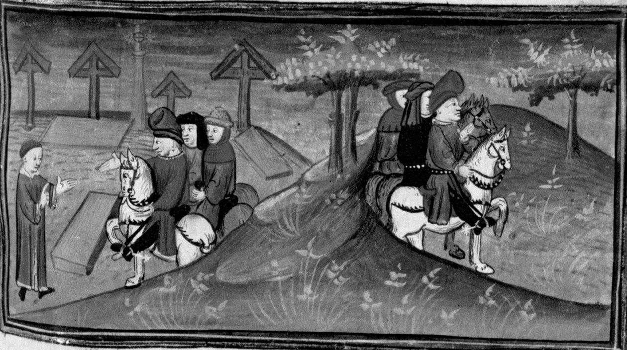 Dekameron, Betto Brunelleschi és brigádja találkozik Guido Cavalcantival; Betto elmagyarázza Guido szavait barátainak. Hatodik nap, 9. hír alkotó: Giovanni Boccaccio