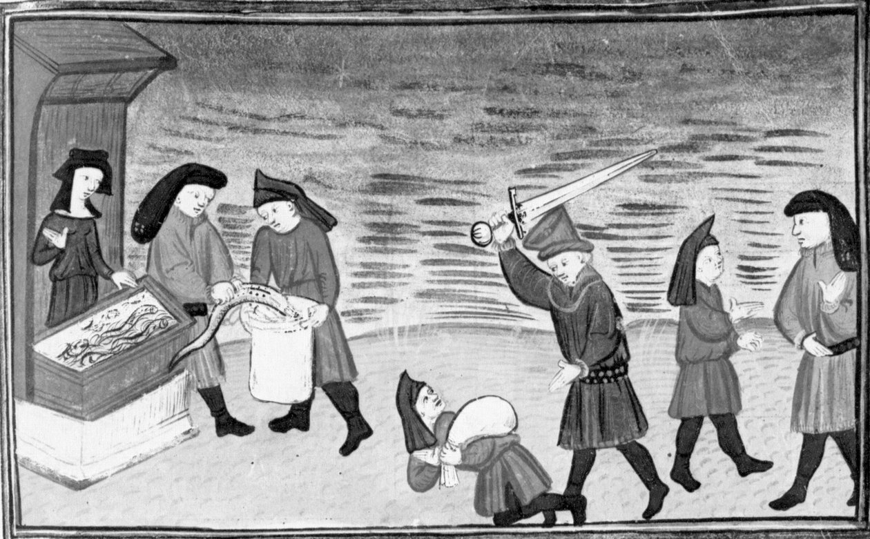 Dekameron, Biondello megmutatja Ciaccónak a lampionokat; Filippo megtámadja Biondellót; Ciacco és Biondello kibékülnek. Kilencedik nap, 8. hír alkotó: Giovanni Boccaccio