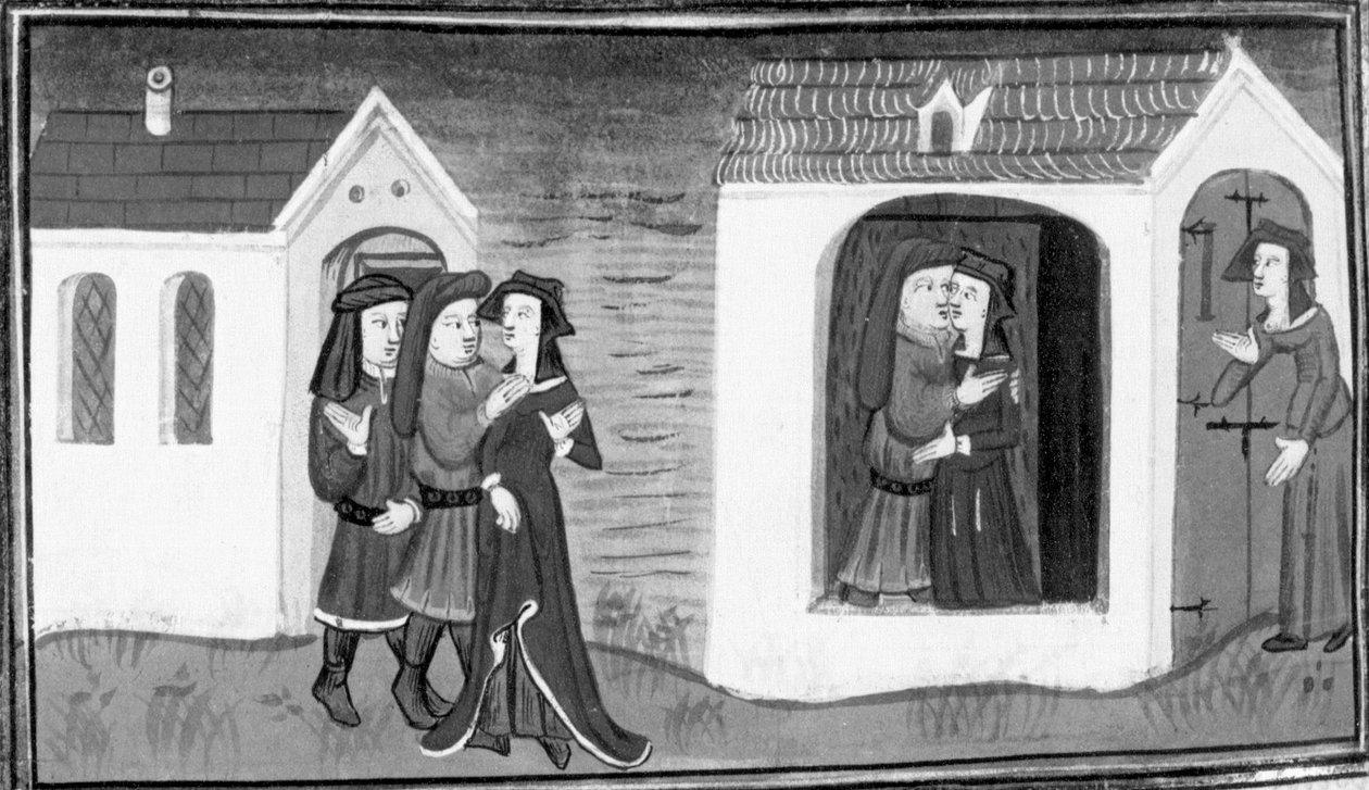 Dekameron, Calandrino udvarol Niccolosának; Calandrino felesége meglepi férjét Niccolosával. Kilencedik nap, 5. novella alkotó: Giovanni Boccaccio