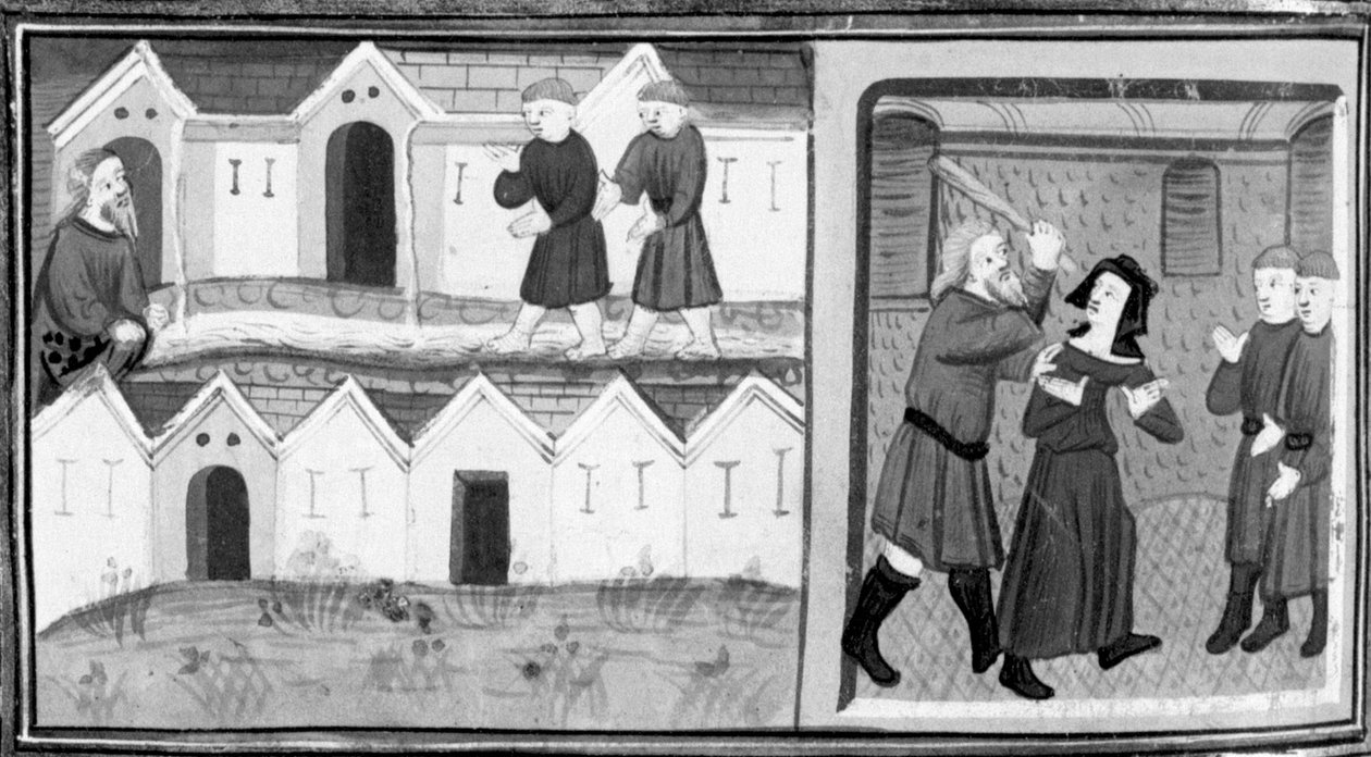 Dekameron, Calandrino és barátai a heli-tropet keresik a Mugnonban; Calandrino megveri a feleségét. Nyolcadik nap, novella 1 alkotó: Giovanni Boccaccio