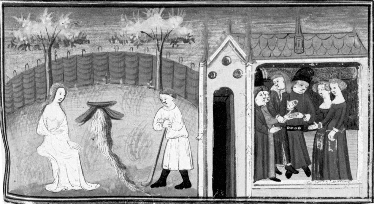 Dekameron, Cimon megfigyeli Iphigeniát; kettős esküvőt ünnepelnek. Ötödik nap, 1. novella alkotó: Giovanni Boccaccio