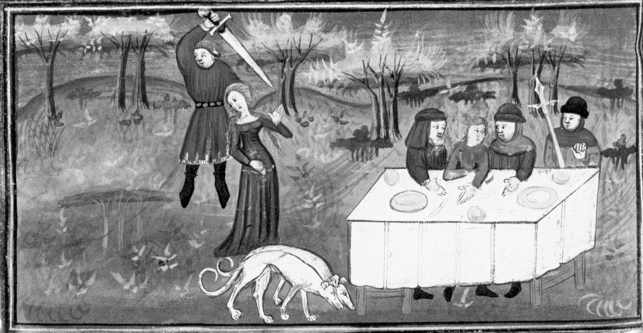 Dekameron, A férfiak egy lakomán nézik, ahogy egy lovag megtámad egy fiatal lányt. Ötödik nap, 8. novella alkotó: Giovanni Boccaccio